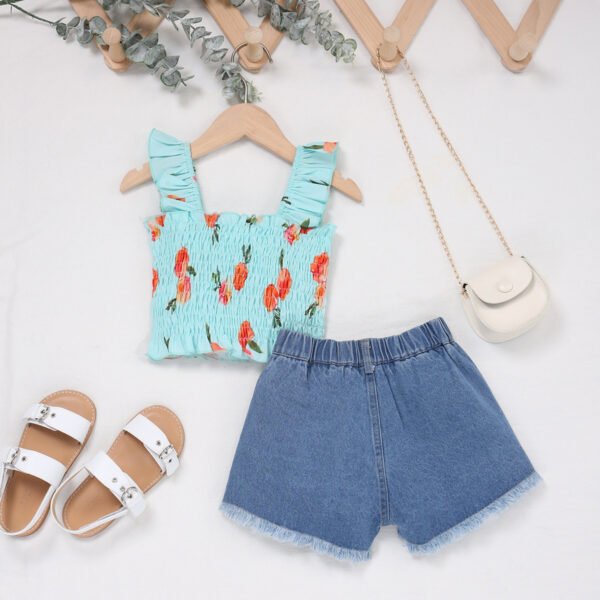 Liuliukd|Print Vest Denim Shorts Clothes For A Girl-Light Blue-Kids