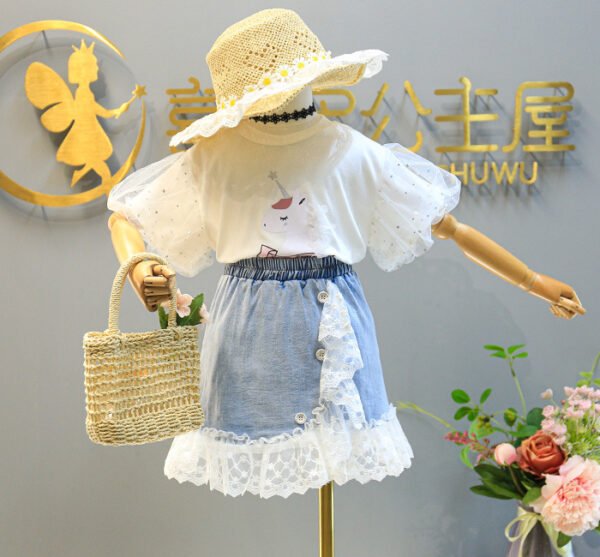 Liuliukd|Puff Sleeve Unicorn Tops Lace Denim Skirt Little Girl Clothing-White-Kids
