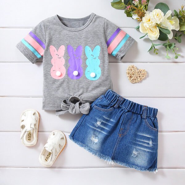 Liuliukd|Rabbit T Shirt Denim Skirt Baby Girl Summer Sets-Gary-Kids