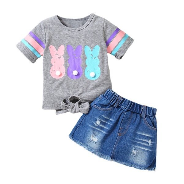 Liuliukd|Rabbit T Shirt Denim Skirt Baby Girl Summer Sets-Kids