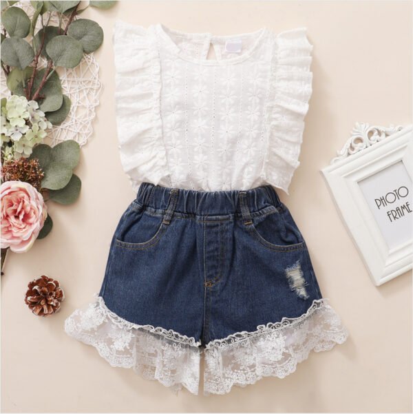 Liuliukd|Sleeveless Tops Denim Shorts Kids Clothes Set Girls-White-Kids