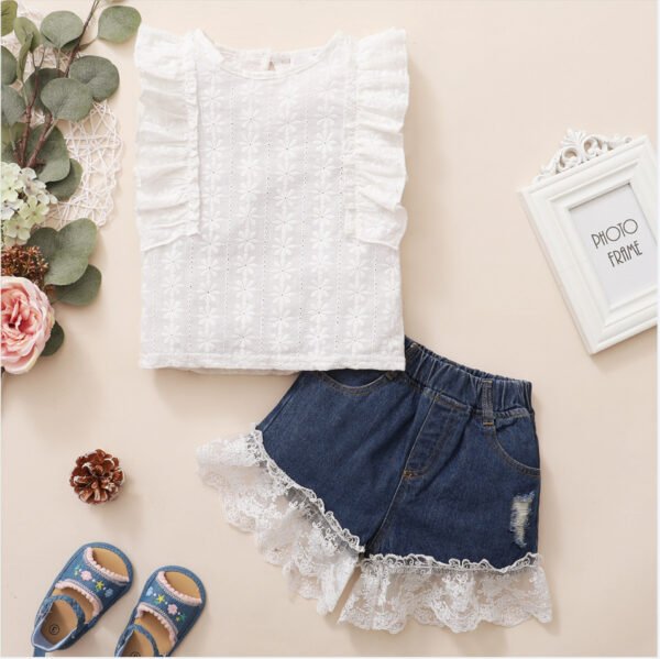 Liuliukd|Sleeveless Tops Denim Shorts Kids Clothes Set Girls-White-Kids