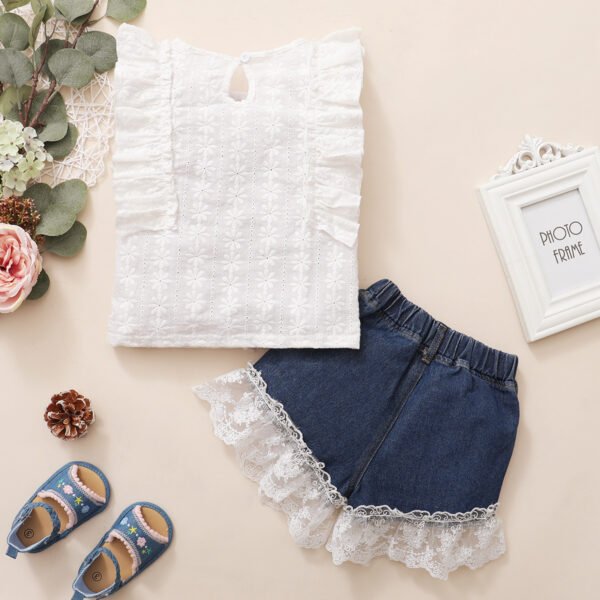 Liuliukd|Sleeveless Tops Denim Shorts Kids Clothes Set Girls-White-Kids