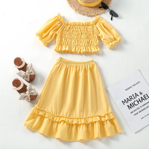 Liuliukd|Solid Color Off Shoulder Tops Skirt Girl Suit-Yellow-Kids