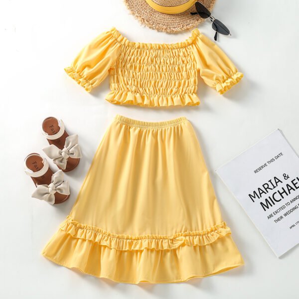 Liuliukd|Solid Color Off Shoulder Tops Skirt Girl Suit-Yellow-Kids