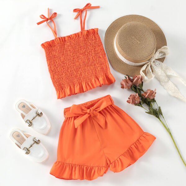 Liuliukd|Solid Color Vest Shorts Girls Kids Clothing-Orange-Kids