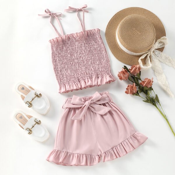 Liuliukd|Solid Color Vest Shorts Girls Kids Clothing-Pink-Kids