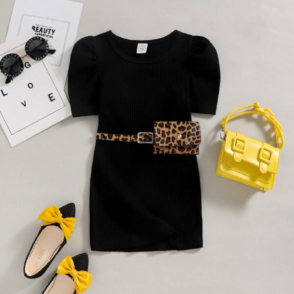 Liuliukd|Solid Dress Leopard Belt Bag Girls Clothes Dresses-Black-Kids