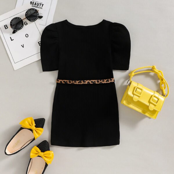 Liuliukd|Solid Dress Leopard Belt Bag Girls Clothes Dresses-Black-Kids