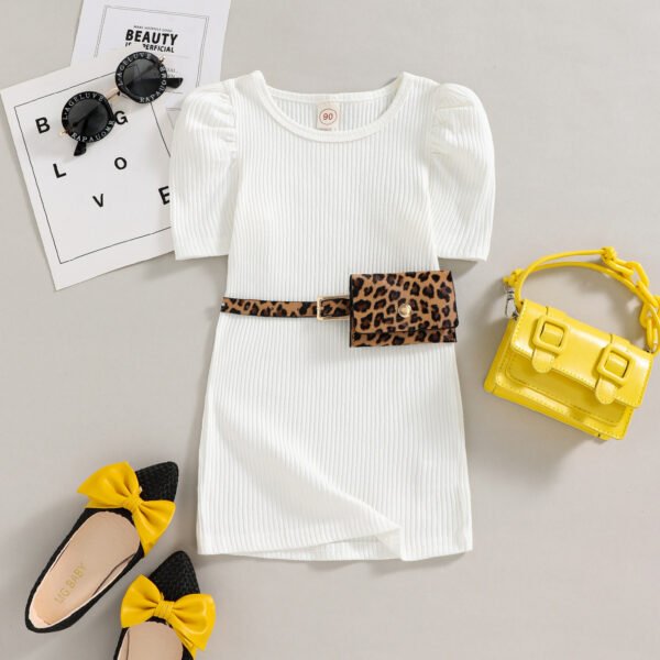 Liuliukd|Solid Dress Leopard Belt Bag Girls Clothes Dresses-White-Kids