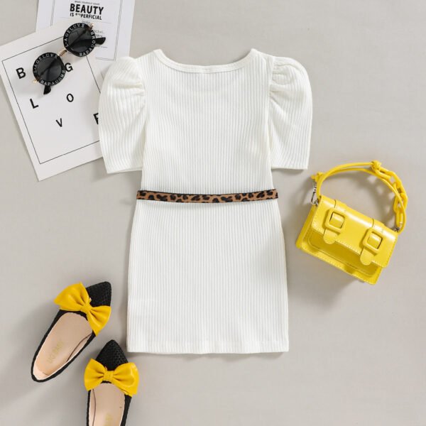 Liuliukd|Solid Dress Leopard Belt Bag Girls Clothes Dresses-White-Kids