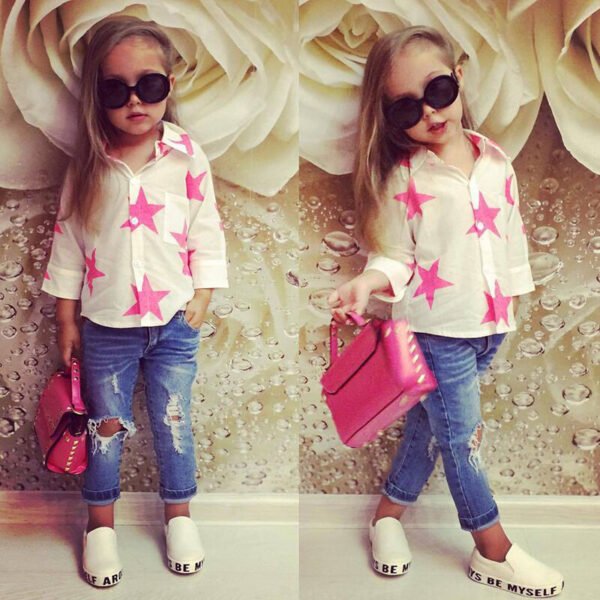 Liuliukd|Star Shirt Denim Trousers Spring Sets For Girls-White-Kids