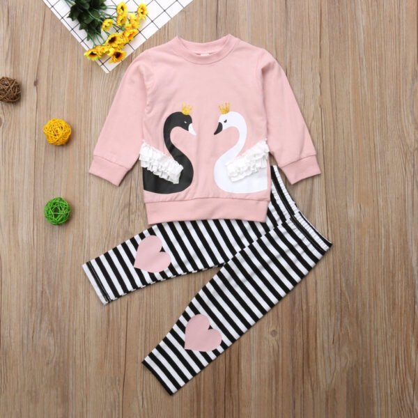 Liuliukd|Swan Striped Print Suit Girl-Pink-Kids