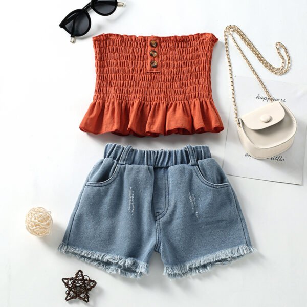 Liuliukd|Tube Tops Denim Shorts Set For Girls-Orange-Kids