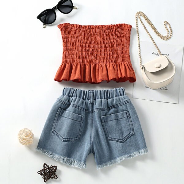 Liuliukd|Tube Tops Denim Shorts Set For Girls-Orange-Kids