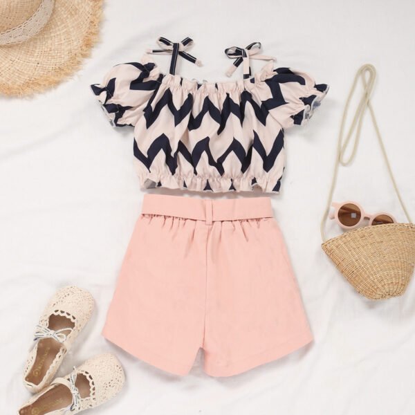 Liuliukd|Wave Pattern Off Shoulder Top Shorts Children Clothing Girls-Pink-Kids