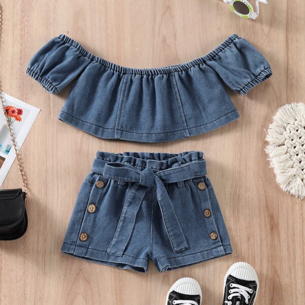 Liuliukd|Girls Denim Off Shoulder Clothing-Blue-Kids