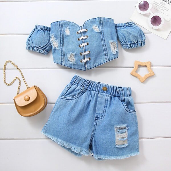 Liuliukd|Denim Off Shoulder Clothing Kids-Blue-Kids