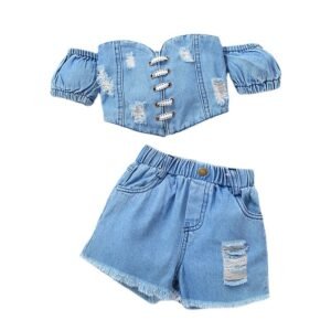 Liuliukd|Denim Off Shoulder Clothing Kids-Kids