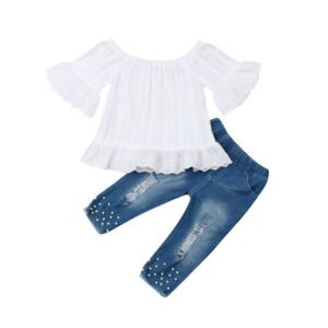 Liuliukd|Denim Pearl Girls Clothing Sets-Kids