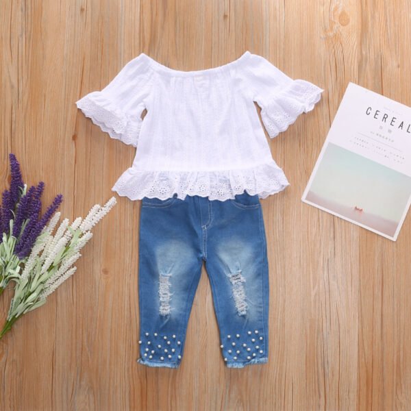 Liuliukd|Denim Pearl Girls Clothing Sets-White-Kids