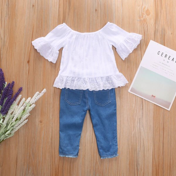 Liuliukd|Denim Pearl Girls Clothing Sets-White-Kids