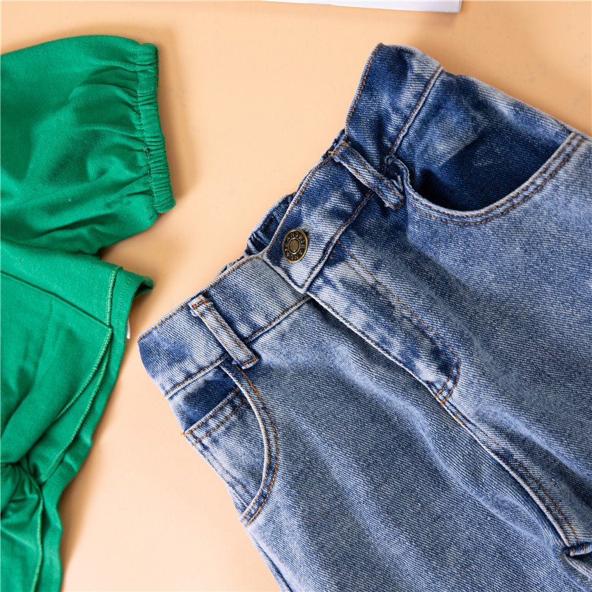 Liuliukd|Girl Green Top Ripped Jeans Set-detail (1)