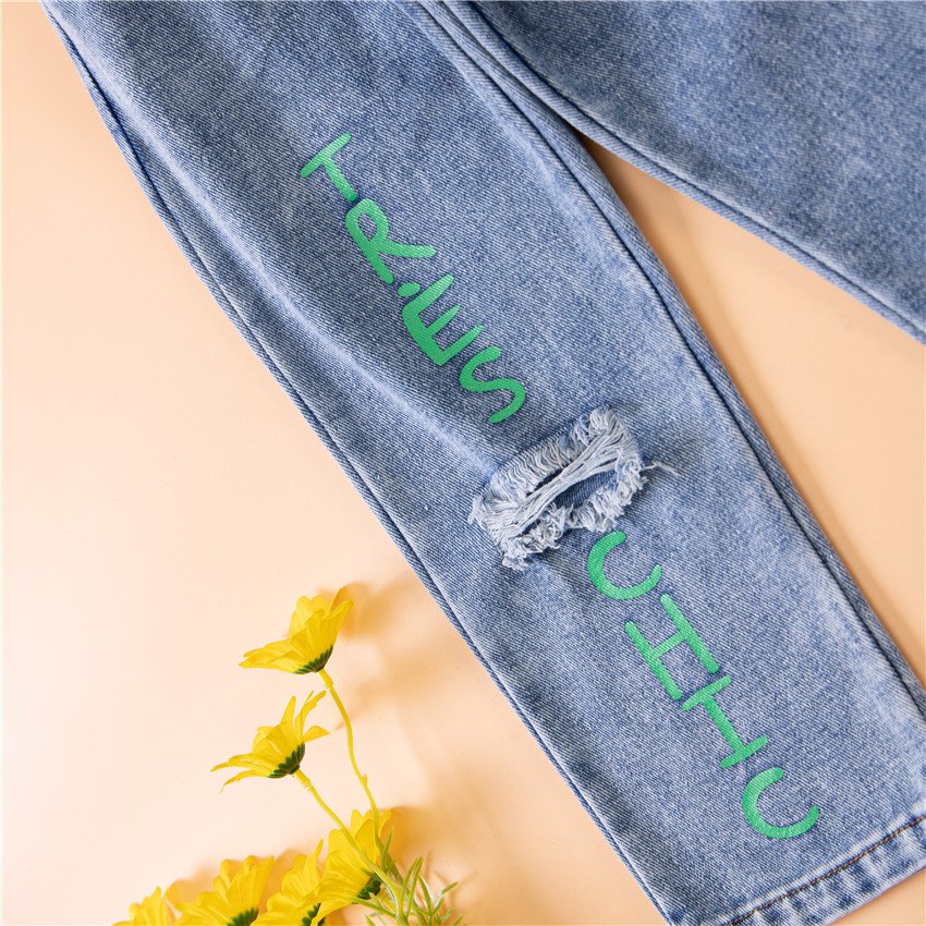 Liuliukd|Girl Green Top Ripped Jeans Set-detail (2)