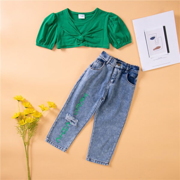 Liuliukd|Girl Green Top Ripped Jeans Set-detail (4)