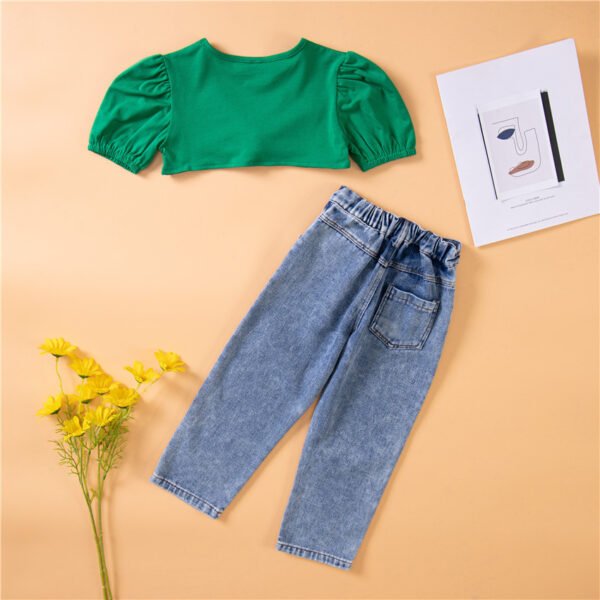 Liuliukd|Girl Green Top Ripped Jeans Set-detail (5)