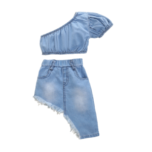 Liuliukd|Girls Irregular Denim Skirt sets-blue-kids