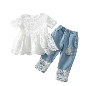 Liuliukd|Girls Ripped Denim Pants Sets-white-kids