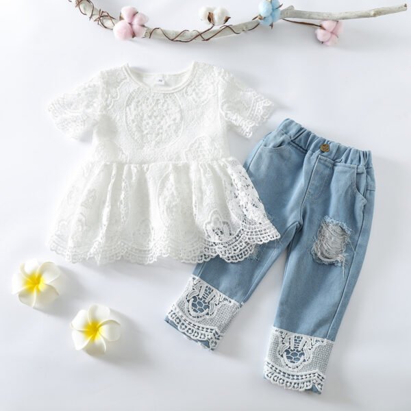 Liuliukd|Girls Ripped Denim Pants Sets-white-kids1