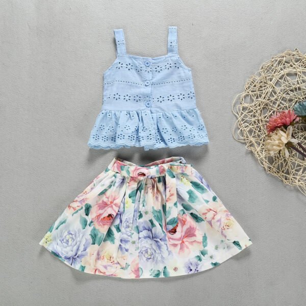 Liuliukd|Hollow Vest Floral Skirt Kids Summer Clothing Sets-Blue-Kids