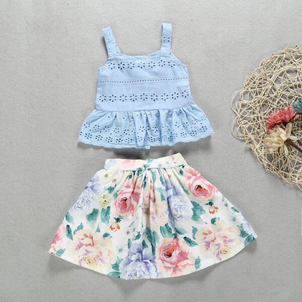 Liuliukd|Hollow Vest Floral Skirt Kids Summer Clothing Sets-Blue-Kids