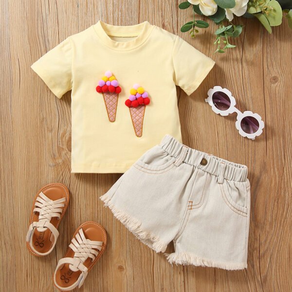 Liuliukd|Ice Cream T Shirt Denim Shorts Clothing Kids-Yellow-Kids