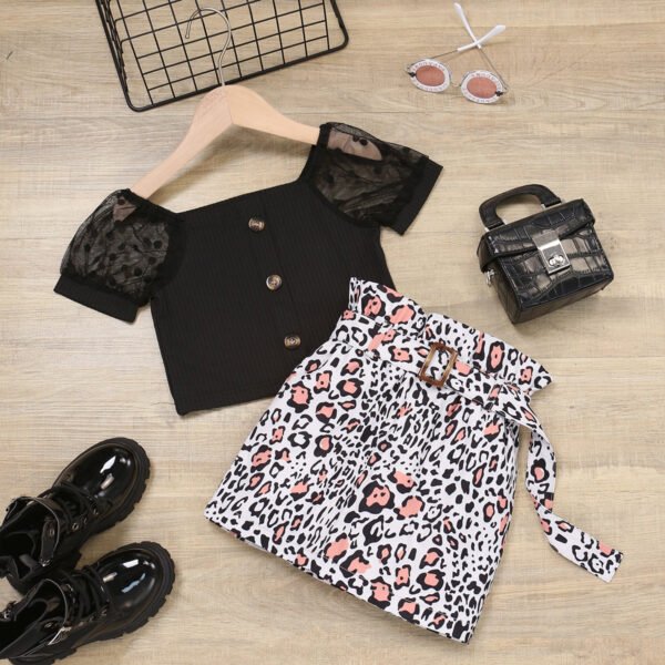 Liuliukd|Lace Sleeve Pullover Leopard Skirt Kids Fashion-Black-Kids