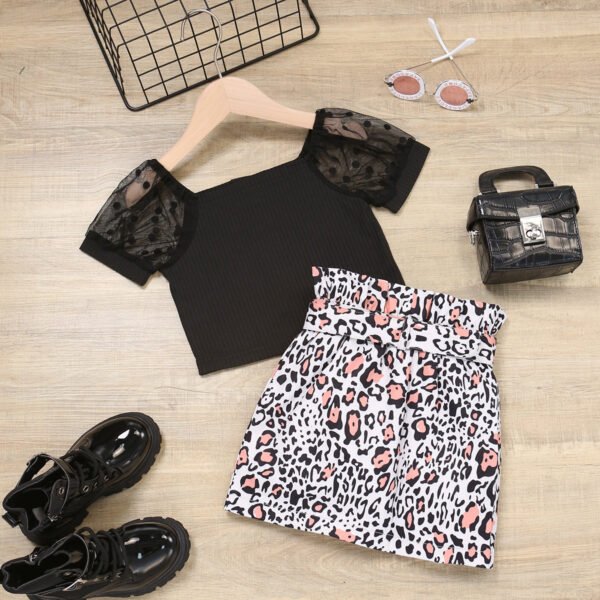 Liuliukd|Lace Sleeve Pullover Leopard Skirt Kids Fashion-Black-Kids