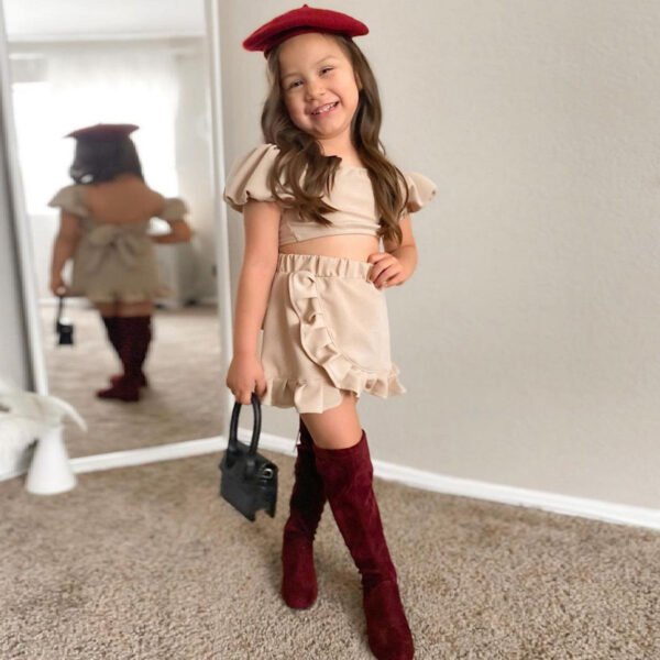 Liuliukd|Lantern Sleeve Skirt Sets Girl Children Wholesale Clothing-Khaki-Kids