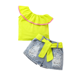 Liuliukd|One Shoulder Solid Tops Denim Shorts Kids Clothing Sets Children-Kids