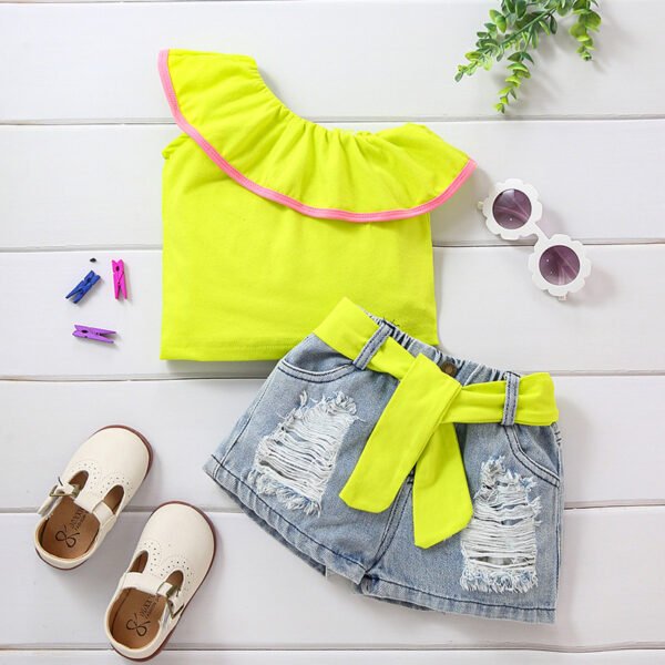 Liuliukd|One Shoulder Solid Tops Denim Shorts Kids Clothing Sets Children-Yellow-Kids