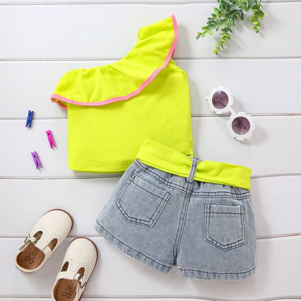 Liuliukd|One Shoulder Solid Tops Denim Shorts Kids Clothing Sets Children-Yellow-Kids