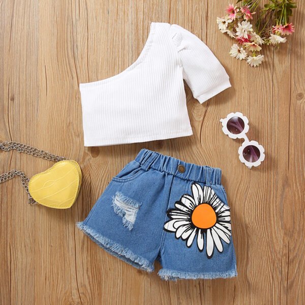 Liuliukd|One Shoulder Tops Daisy Denim Shorts Girls Kids Clothing-White-Kids
