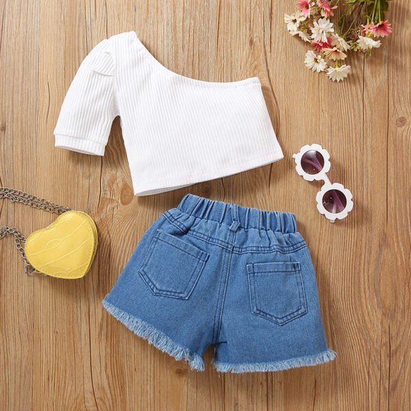 Liuliukd|One Shoulder Tops Daisy Denim Shorts Girls Kids Clothing-White-Kids