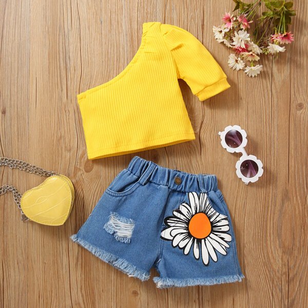 Liuliukd|One Shoulder Tops Daisy Denim Shorts Girls Kids Clothing-Yellow-Kids