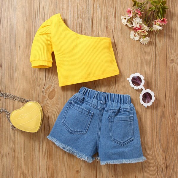 Liuliukd|One Shoulder Tops Daisy Denim Shorts Girls Kids Clothing-Yellow-Kids