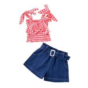 Liuliukd|Plaid Sling Tops Denim Shorts Kids Apparel-Kids