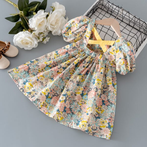 Liuliukd|Puff Sleeve Kid Floral Dress-Yellow-Kids