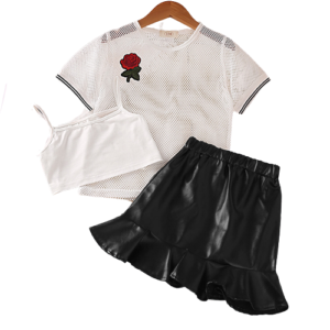 Liuliukd|Embroidered Top Suspender Leather Skirt Kids Suits Sets-Kids