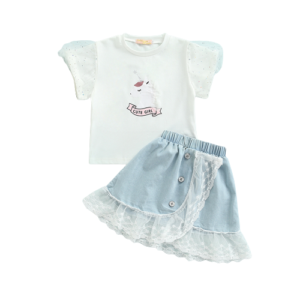 Liuliukd|Puff Sleeve Unicorn Tops Lace Denim Skirt Little Girl Clothing-Kids